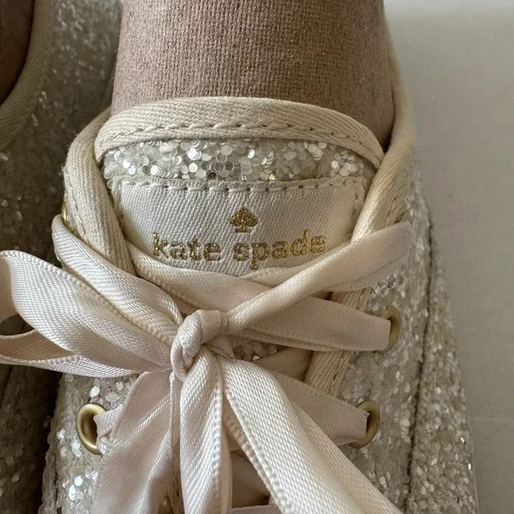 Kate Spade White Sparkle Keds 8.5 Ribbon Laces Bridal Wedding Bride Bling - Picture 4 of 11